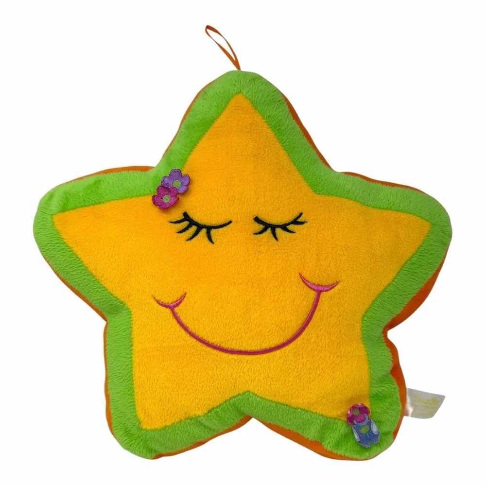 Dan Dee Collectors Choice Plush Star Pillow Yellow Smiley Face Floral Accent‎